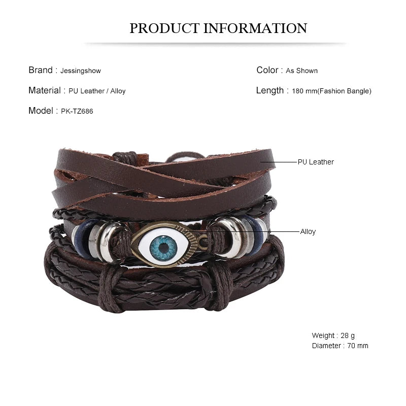 3Pcs/Set Braided Wrap Leather Bracelets for Men Vintage Eye Charm Leather Bangle