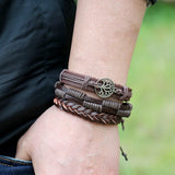 3Pcs/Set Tree of Life Cowhide Bracelet Retro Woven Men's Leather Bracelet