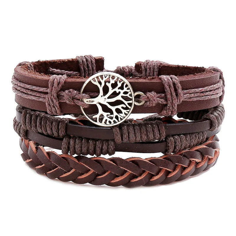3Pcs/Set Tree of Life Cowhide Bracelet Retro Woven Men's Leather Bracelet