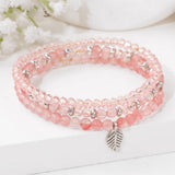 3Pcs Green Crystals Chalcedony Stone Bracelets Silver Leaf Charm Jewelry