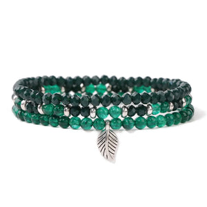 3Pcs Green Crystals Chalcedony Stone Bracelets Silver Leaf Charm Jewelry