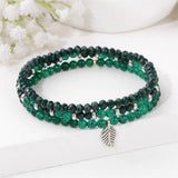 3Pcs Green Crystals Chalcedony Stone Bracelets Silver Leaf Charm Jewelry