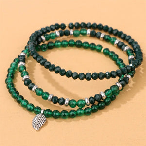 3Pcs Green Crystals Chalcedony Stone Bracelets Silver Leaf Charm Jewelry