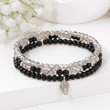 3Pcs Green Crystals Chalcedony Stone Bracelets Silver Leaf Charm Jewelry
