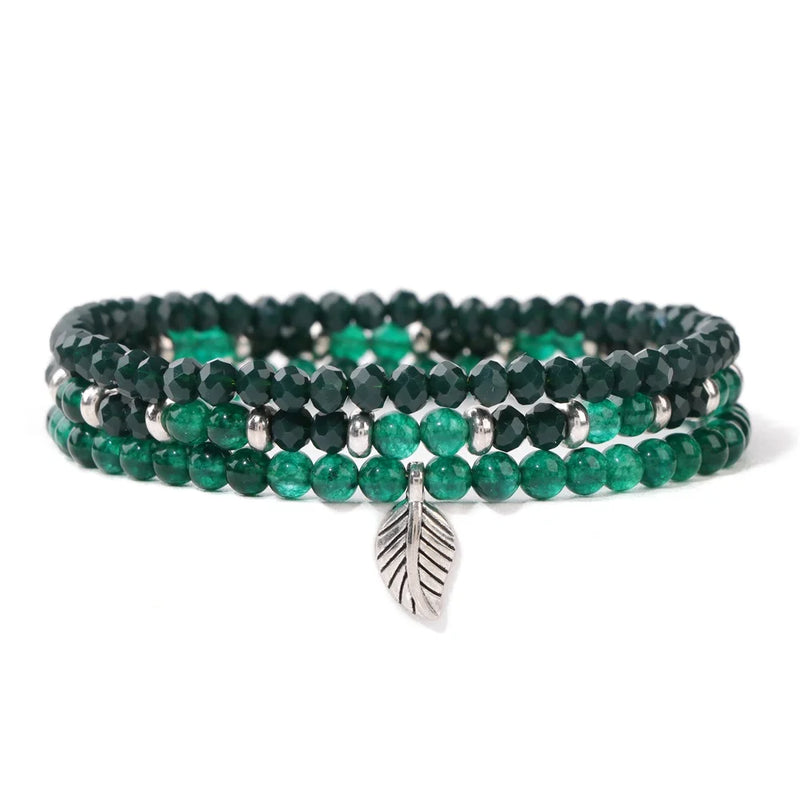 3Pcs Green Crystals Chalcedony Stone Bracelets Silver Leaf Charm Jewelry