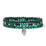 3Pcs Green Crystals Chalcedony Stone Bracelets Silver Leaf Charm Jewelry