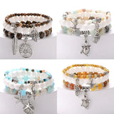 3Pcs Natural Stone Beaded Bracelet Sets Retro Silver Charm Bracelets