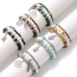 3Pcs Natural Stone Beaded Bracelet Sets Retro Silver Charm Bracelets
