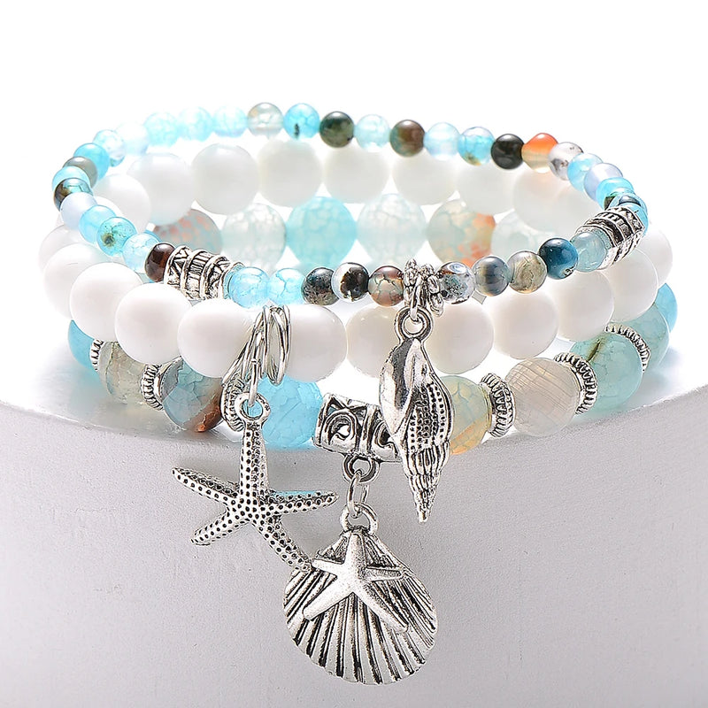 3Pcs Natural Stone Beaded Bracelet Sets Retro Silver Charm Bracelets