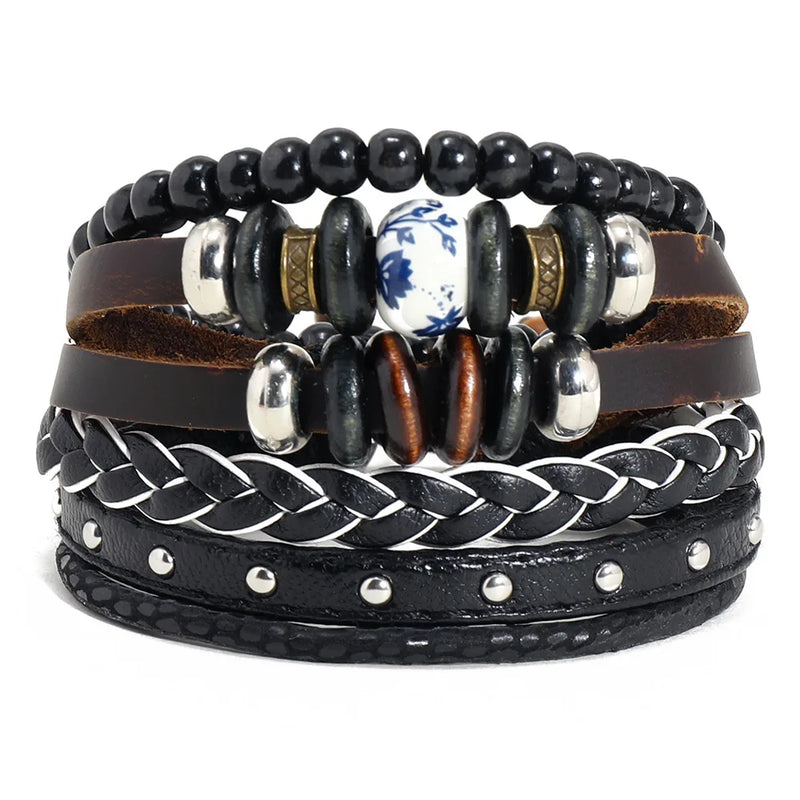 3Pcs Set Lucky Tree Poker Men's Wrap Bracelets Multilayer Leather Bangles