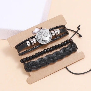 3Pcs Set Lucky Tree Poker Men's Wrap Bracelets Multilayer Leather Bangles