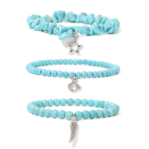 3Pcs Star Moon Charm Bracelet Natural Stone Beaded Bangles