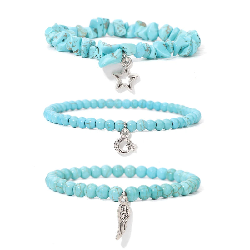 3Pcs Star Moon Charm Bracelet Natural Stone Beaded Bangles