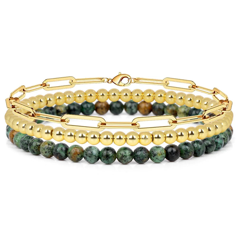 3Pcs 4MM Stone Bracelet Charm Cable Chain Set Women Men Multi-layer Bangle