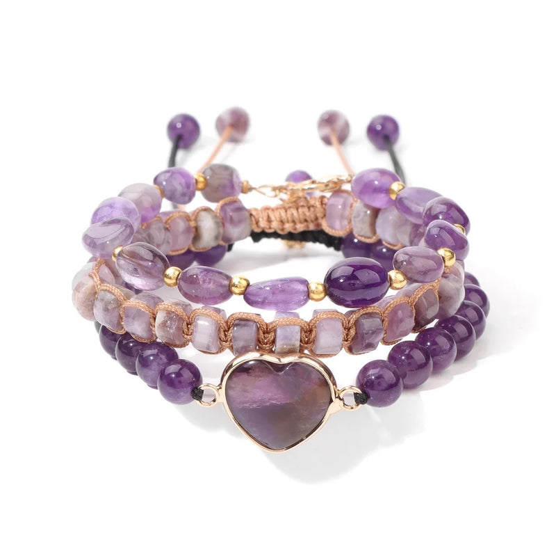 3Pcs Natural Amethysts Bracelet Set For Women Gem Quartzs Stone Multilayer