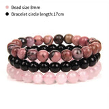 3Pcs Natural Stone Bracelet Set Rhodonite Rose Pink Quartz Turquois