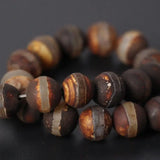 3Strands 4-12MM Rust Brown One Line Stripe Tibetan Dzi Onxy Beads
