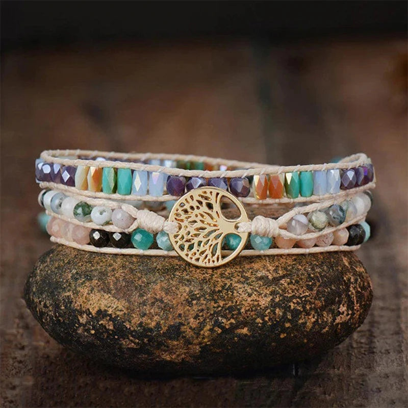 3Strands Natural Stone Wrap Bracelet with Tree of Life Charms
