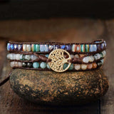 3Strands Natural Stone Wrap Bracelet with Tree of Life Charms