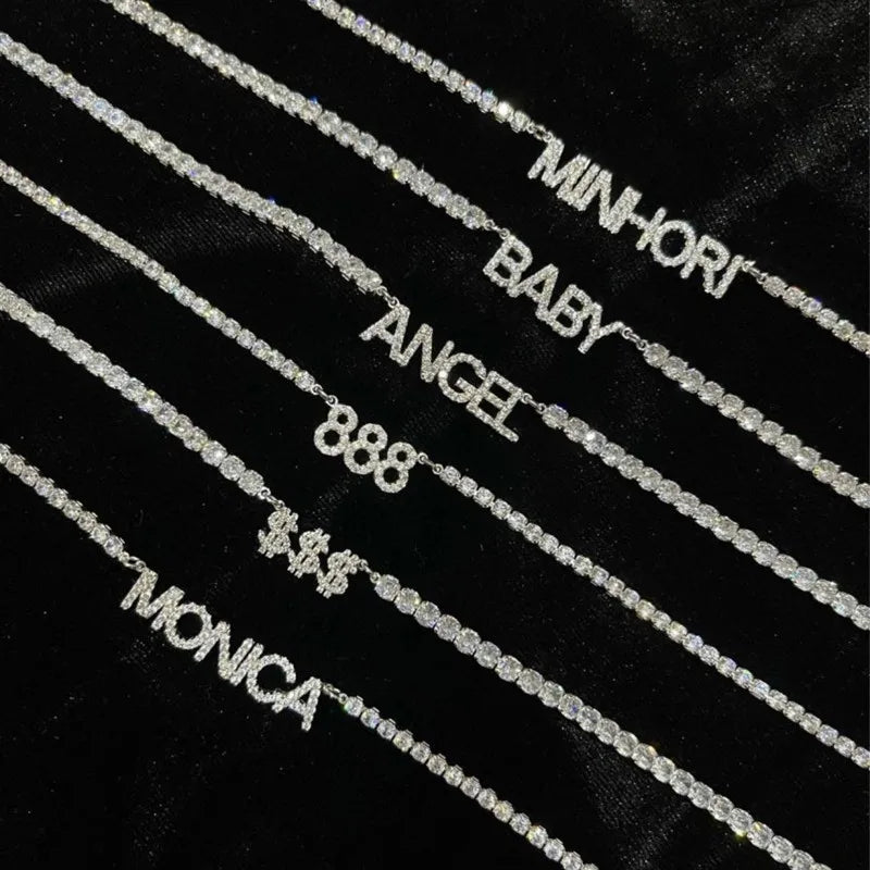 9mm Letters Name Necklace Zirconia Angel Number Tennis Chain
