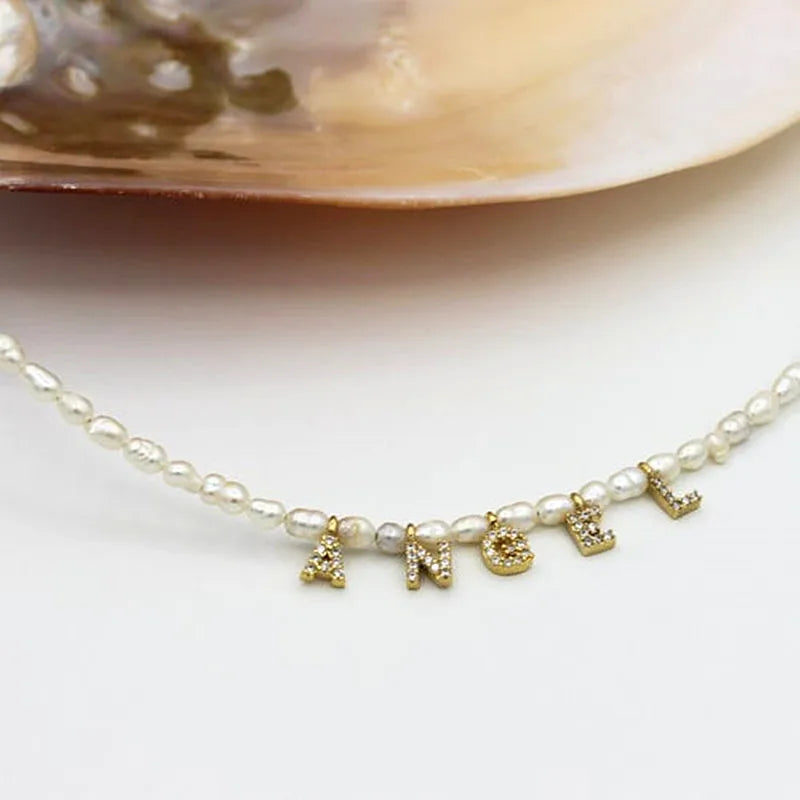 Crystal Name Necklace pearl Personalize Choker Necklace Women Copper Pendant