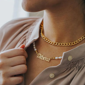 Personalized Stainless Steel Name Necklace with Pearl Chain