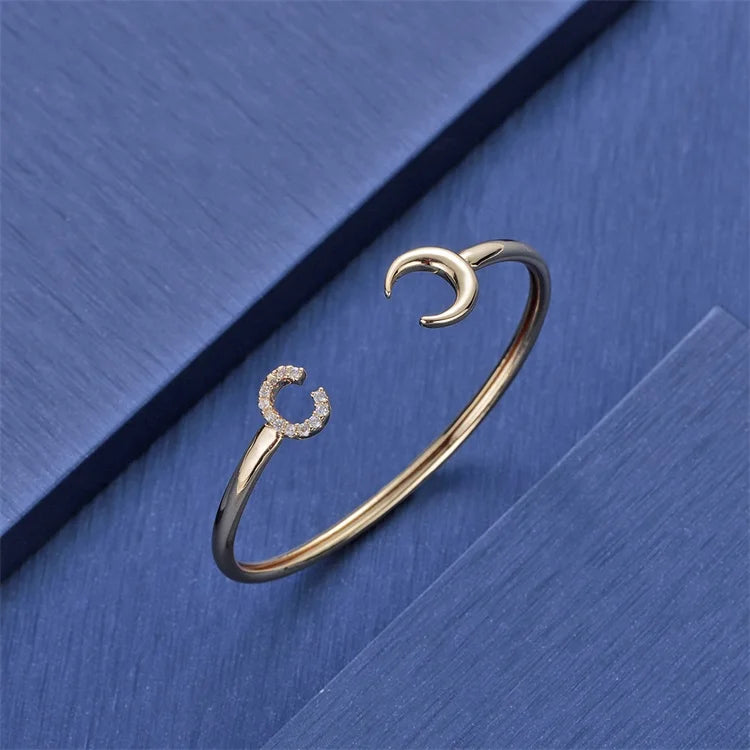 Copper CZ Moon Bangle Bracelet for Women