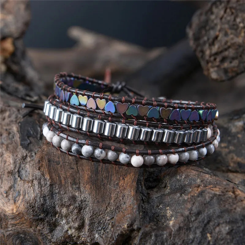 Heart Leather Wrap Beaded Bracelet Cuff Jewelry
