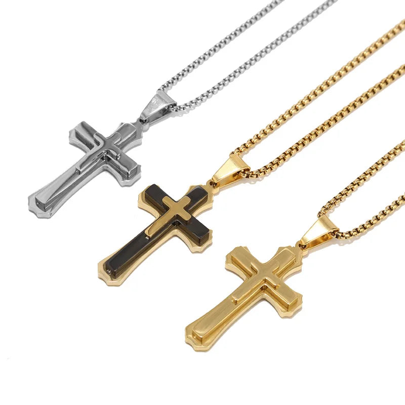 3-Layer Stainless Steel Cross Pendant Necklace 24" Box Chain