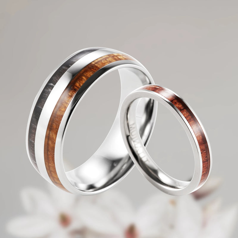 Pure Titanium & Wood Ring Set with KOA Wood Inlay