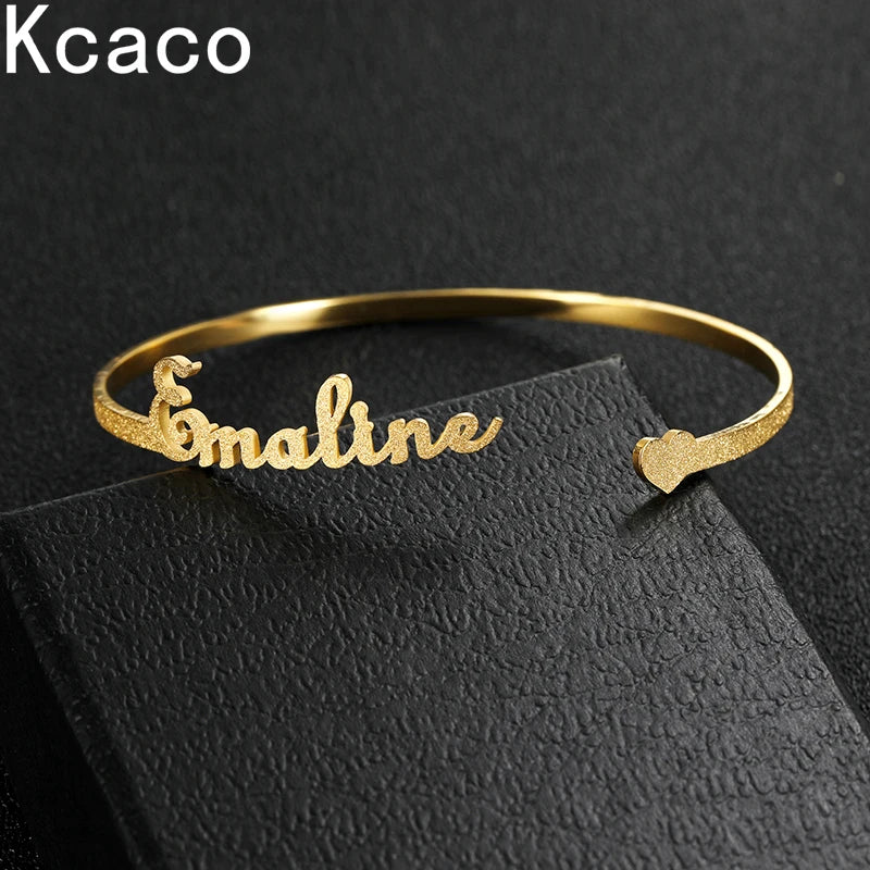 3mm Name Heart Bracelet Personalized Stainless Steel Frosted Adjustable Bangle