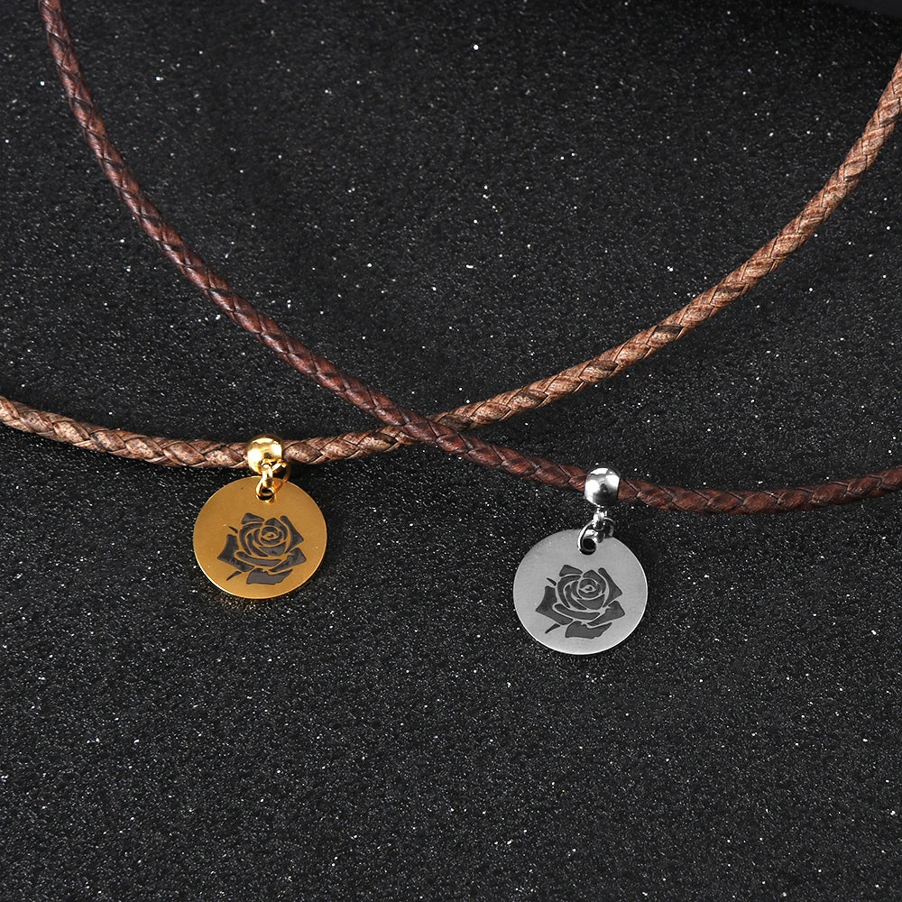 3mm Braided Leather Cord Choker Necklace with Rose Flower Coin Pendant