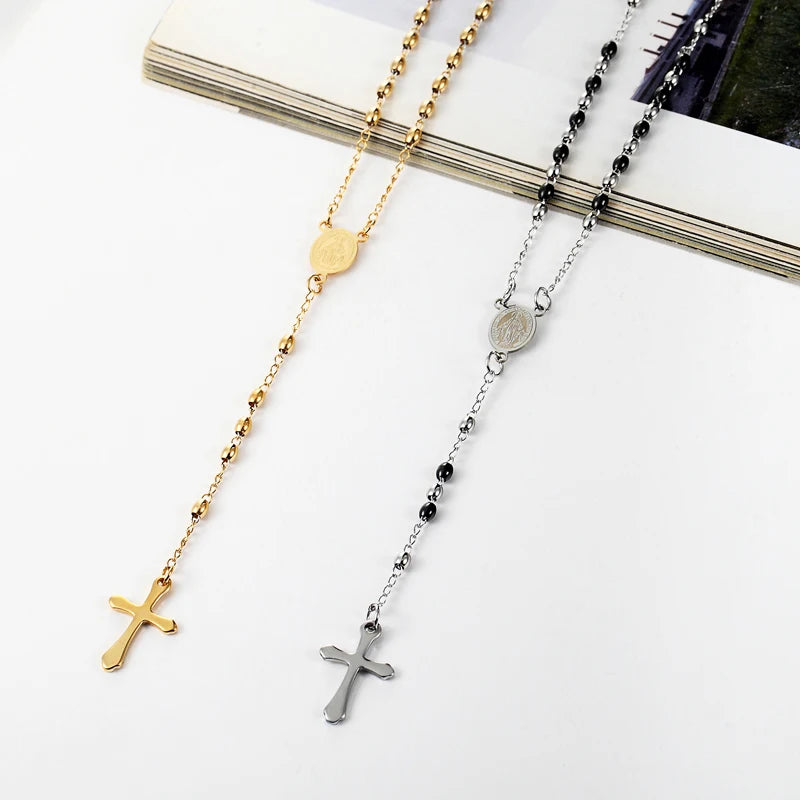3mm Oval Bead Rosary Cross Pendant Necklace Stainless Steel