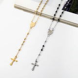 3mm Oval Bead Rosary Cross Pendant Necklace Stainless Steel