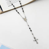 3mm Oval Bead Rosary Cross Pendant Necklace Stainless Steel