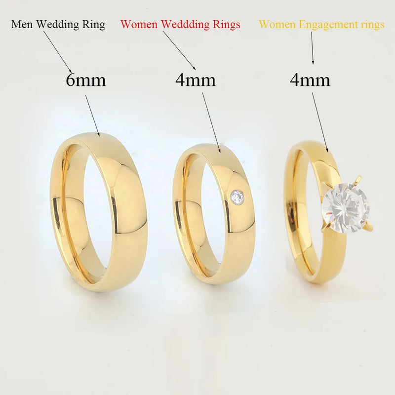 18k Plated Wedding Rings Set for Men & Women. Couple Ring Titanium Marriage Gift
