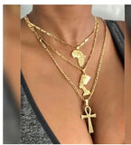 3pcs Africa Map Cross Nefertiti Pendant Necklace Set Stainless Steel