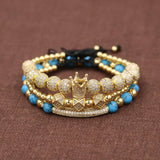 3pcs Anil CZ Crown Charms Stone Beads Couple Bracelets Jewelry For Women Bangles