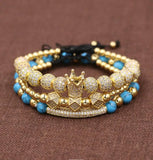 3pcs Anil CZ Crown Charms Stone Beads Couple Bracelets Jewelry For Women Bangles