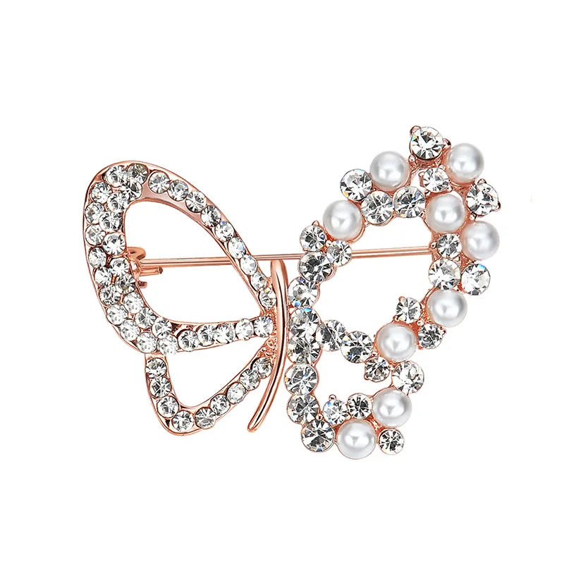 3pcs Butterfly Pearl Crystal Brooch Pins Women Dress Insect Series