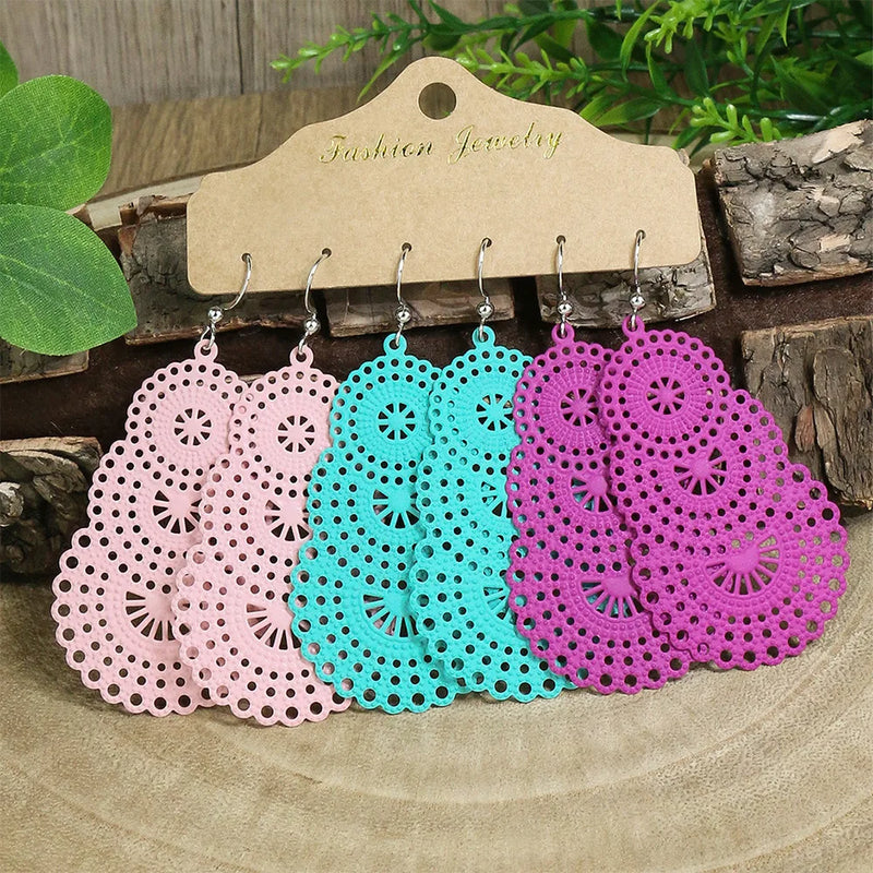 3pcs Candy Hollow Water Drop Earrings Set Boho Ethnic Long Dangle Earrings