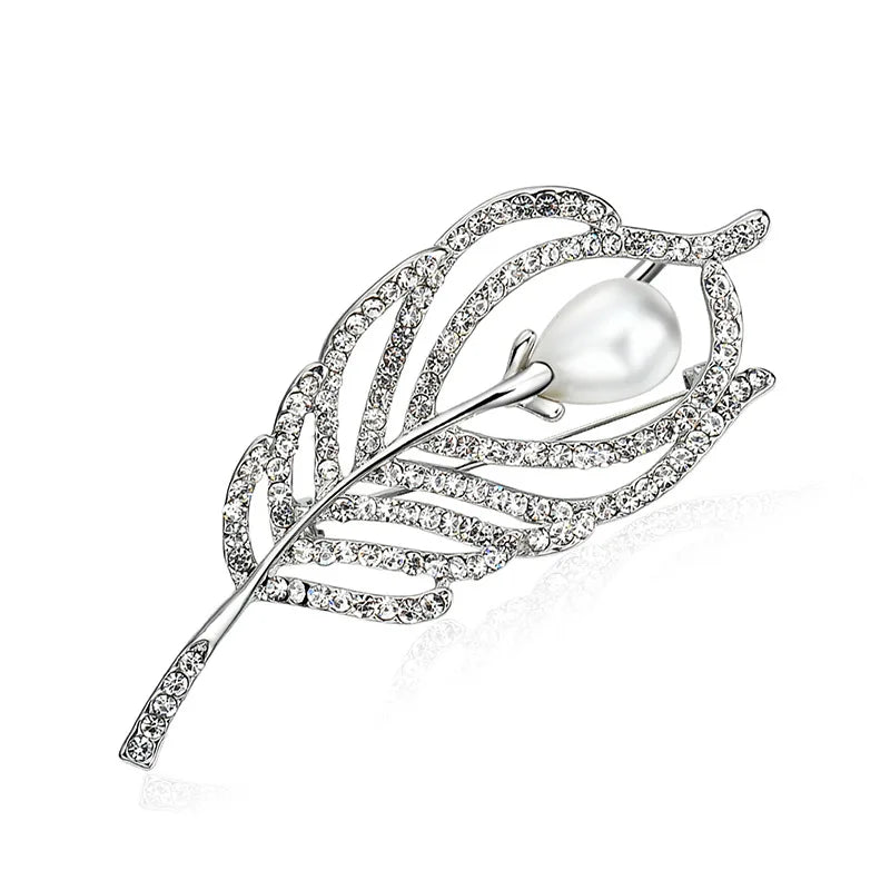 Crystal Pearl Leaf Alloy Diamond Brooch Pins for Women