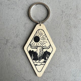 Vintage Diamond Wood Keychain Western Cowboy Cactus Cow Head Print