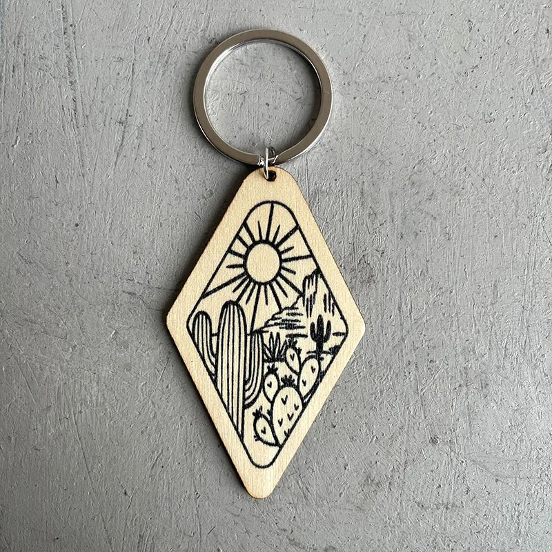 Vintage Diamond Wood Keychain Western Cowboy Cactus Cow Head Print