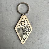 Vintage Diamond Wood Keychain Western Cowboy Cactus Cow Head Print