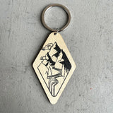Vintage Diamond Wood Keychain Western Cowboy Cactus Cow Head Print