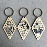 Vintage Diamond Wood Keychain Western Cowboy Cactus Cow Head Print