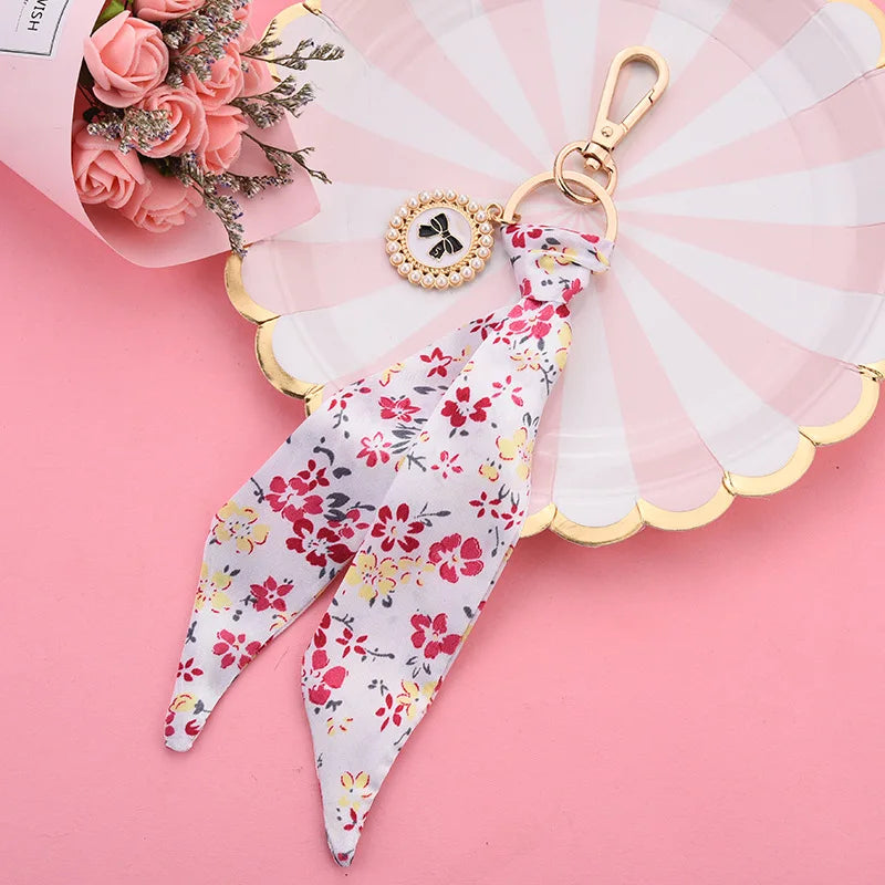Silk Ribbon Key Chain Bow Pearl Disc Pendant Small Gift