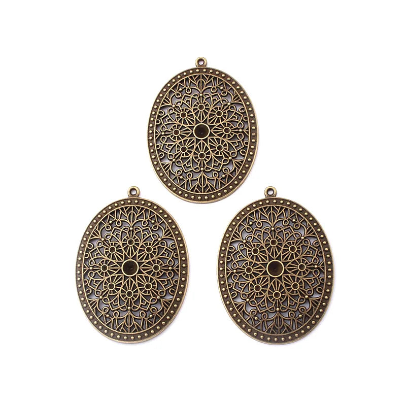 3pcs Oval Antique Bronze Filigree Flower Charm Pendant For DIY Necklace Making