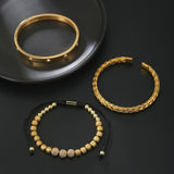 Micro Pave CZ Round Beads Charm Bracelets Stainless Steel Braiding Bangles